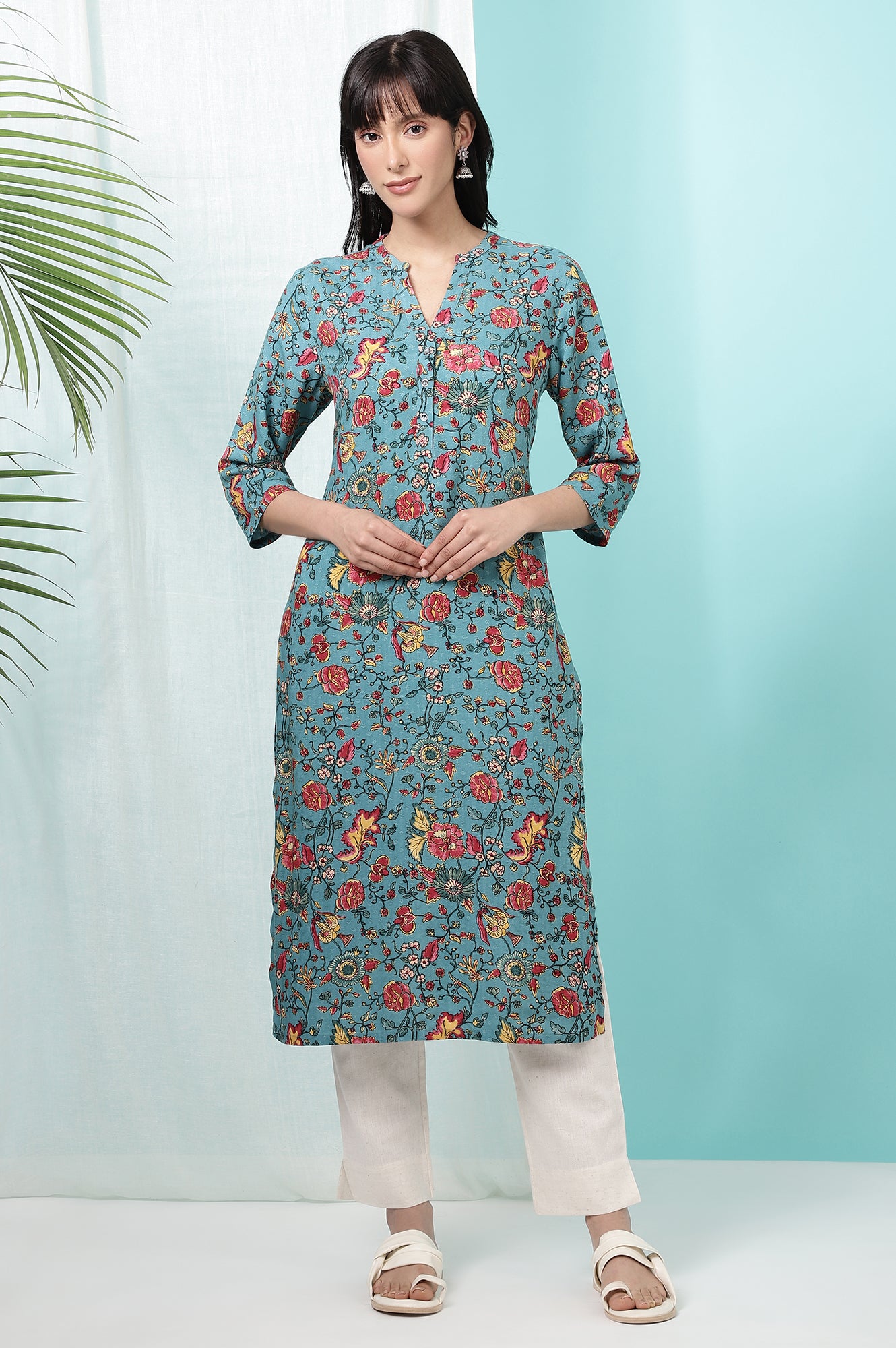 Teal Blue Floral Printed Straight Kurta