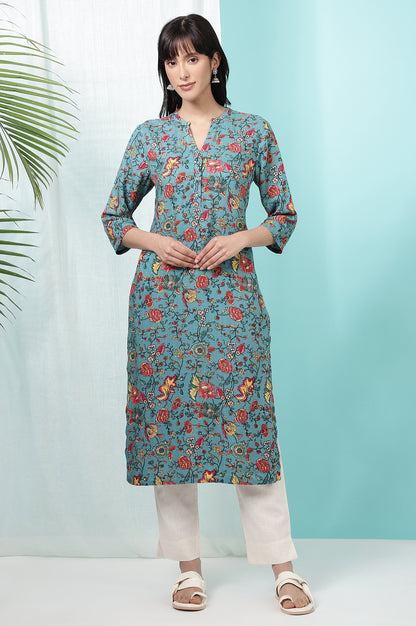Teal Blue Floral Printed Straight Kurta