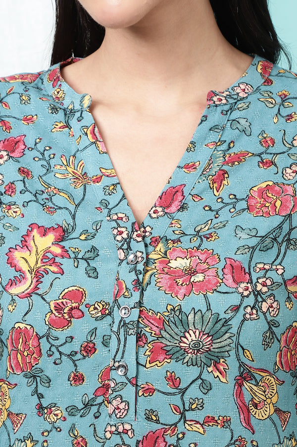 Teal Blue Floral Printed Straight Kurta