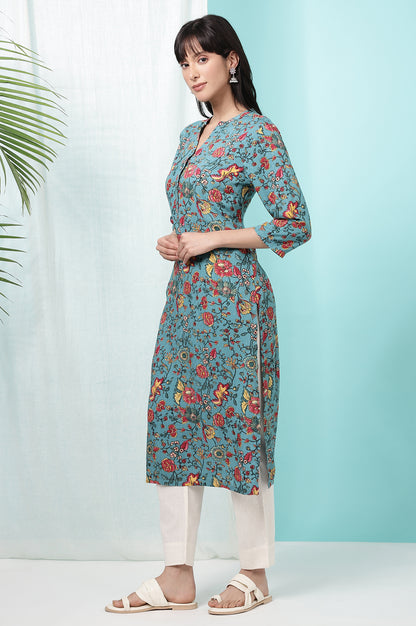Teal Blue Floral Printed Straight Kurta
