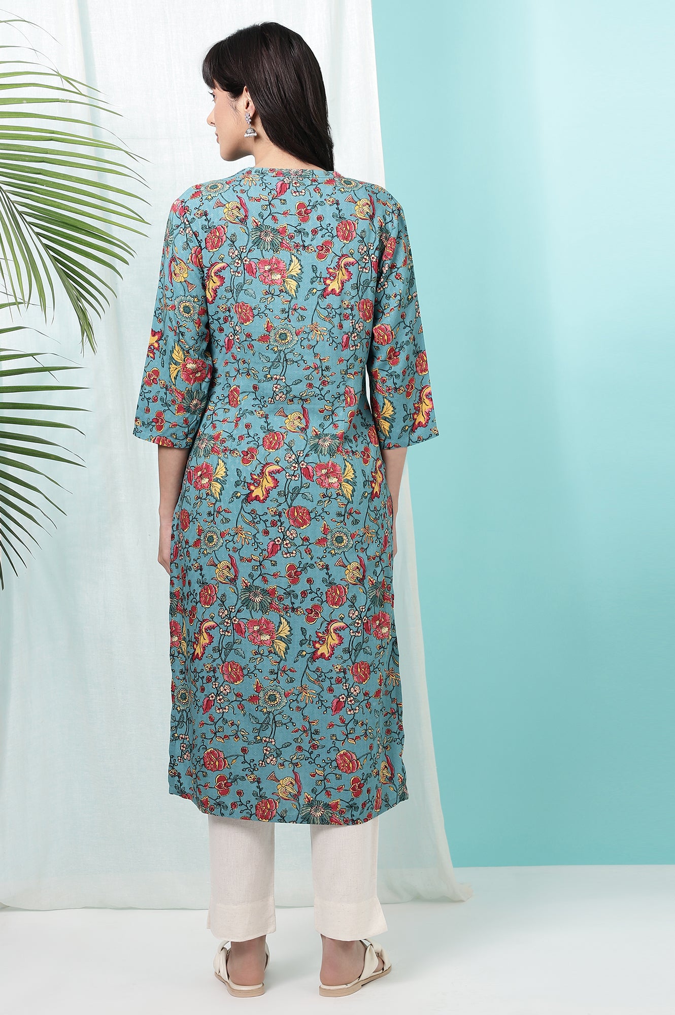 Teal Blue Floral Printed Straight Kurta
