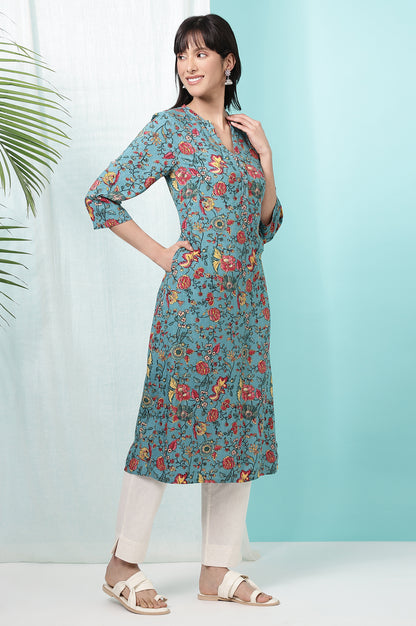 Teal Blue Floral Printed Straight Kurta