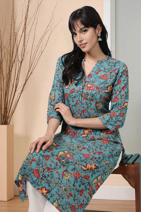 Teal Blue Floral Printed Straight Kurta