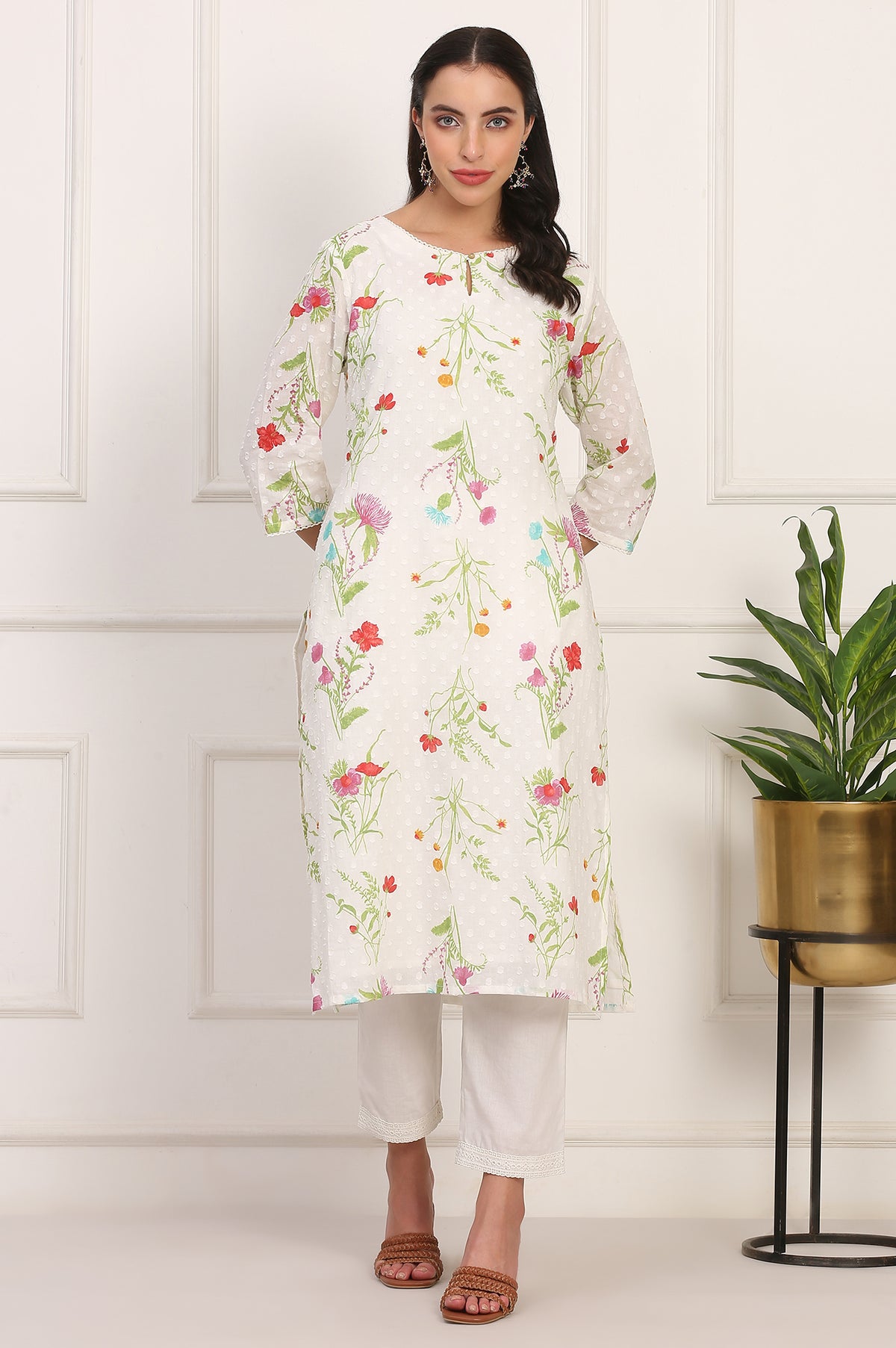 Ecru Floral Printed Straight Pure Cotton Kurta - XS
