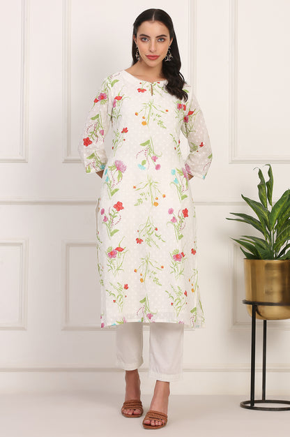 Ecru Floral Printed Straight Pure Cotton Kurta