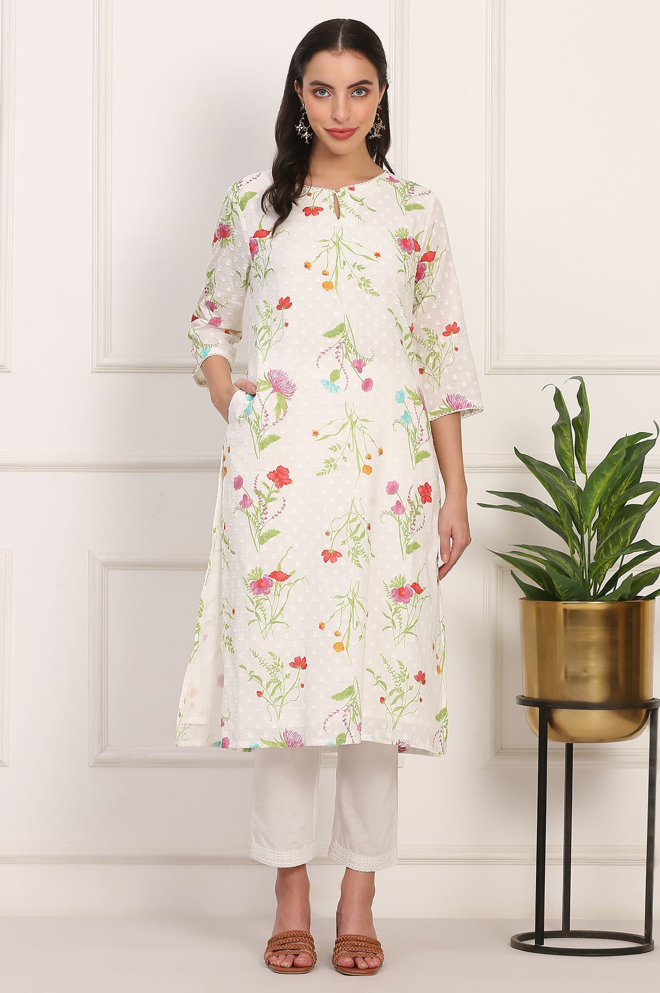 Ecru Floral Printed Straight Pure Cotton Kurta