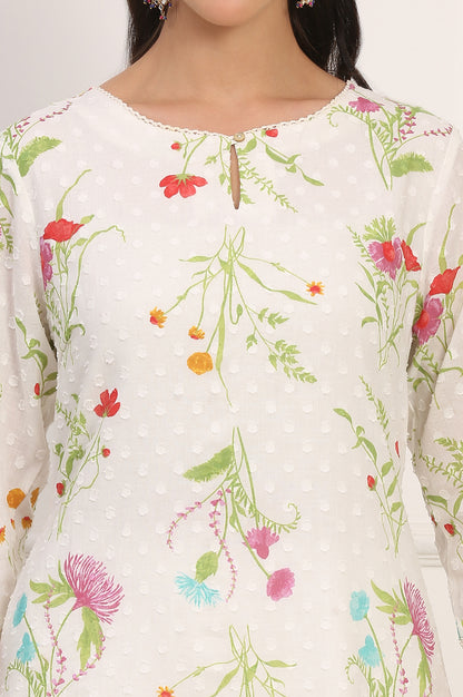 Ecru Floral Printed Straight Pure Cotton Kurta