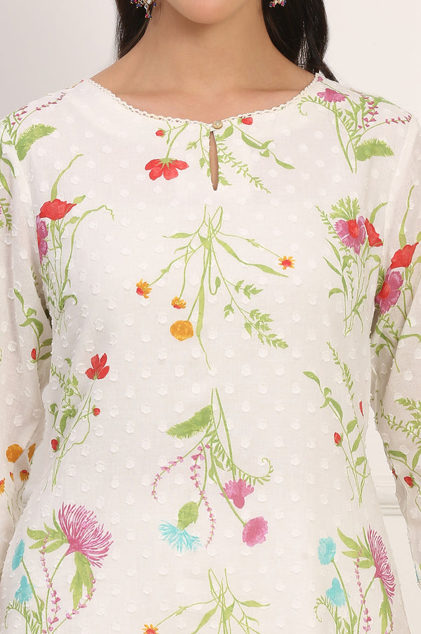 Ecru Floral Printed Straight Pure Cotton Kurta