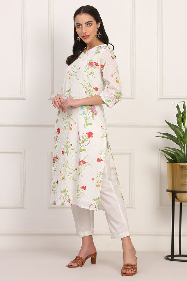 Ecru Floral Printed Straight Pure Cotton Kurta