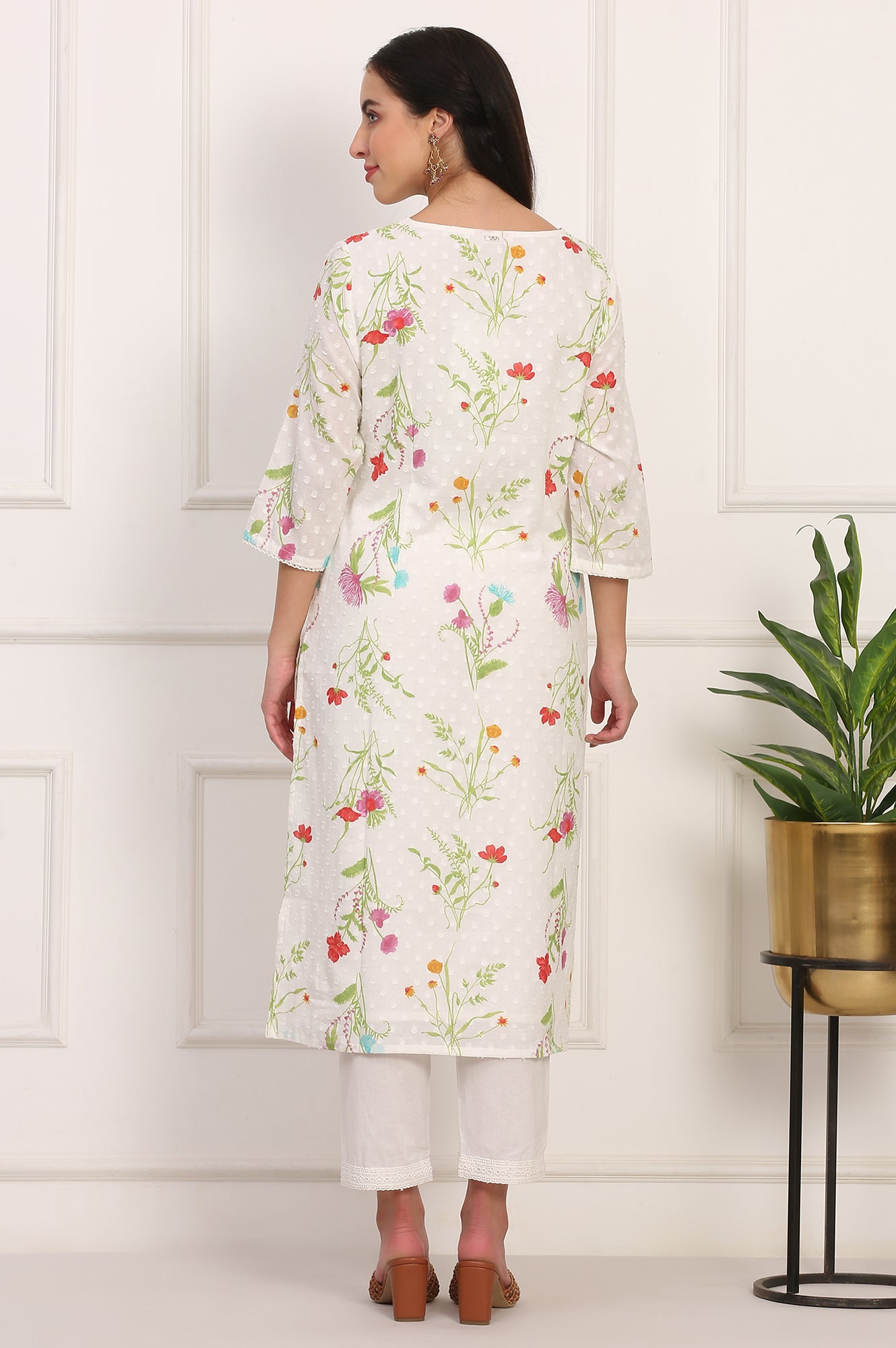 Ecru Floral Printed Straight Pure Cotton Kurta