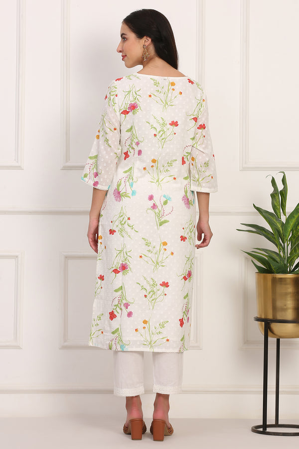 Ecru Floral Printed Straight Pure Cotton Kurta