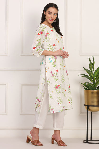 Ecru Floral Printed Straight Pure Cotton Kurta