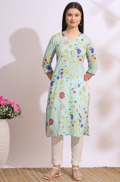 Light Blue Floral Printed Pure Cotton Straight Kurta