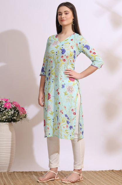 Light Blue Floral Printed Pure Cotton Straight Kurta