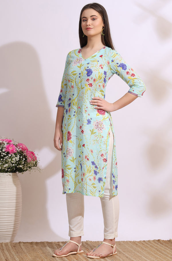 Light Blue Floral Printed Pure Cotton Straight Kurta