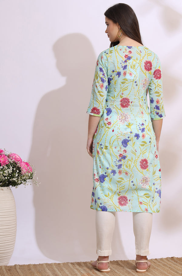 Light Blue Floral Printed Pure Cotton Straight Kurta
