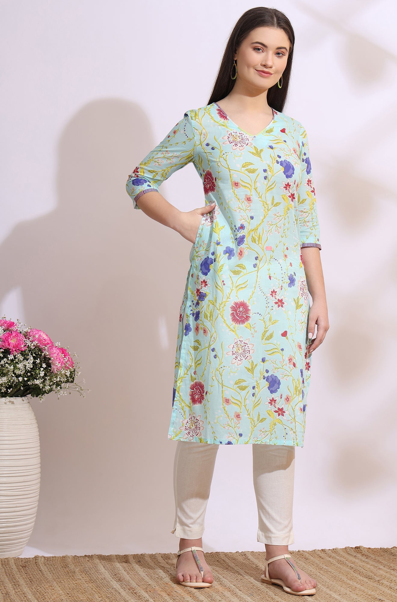 Light Blue Floral Printed Pure Cotton Straight Kurta