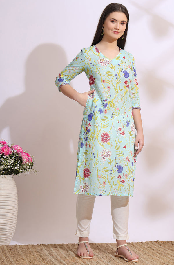 Light Blue Floral Printed Pure Cotton Straight Kurta