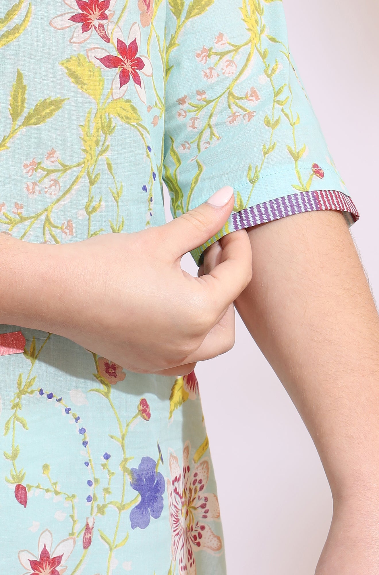 Light Blue Floral Printed Pure Cotton Straight Kurta