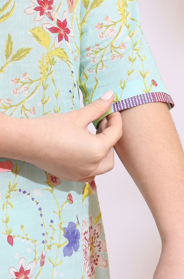 Light Blue Floral Printed Pure Cotton Straight Kurta