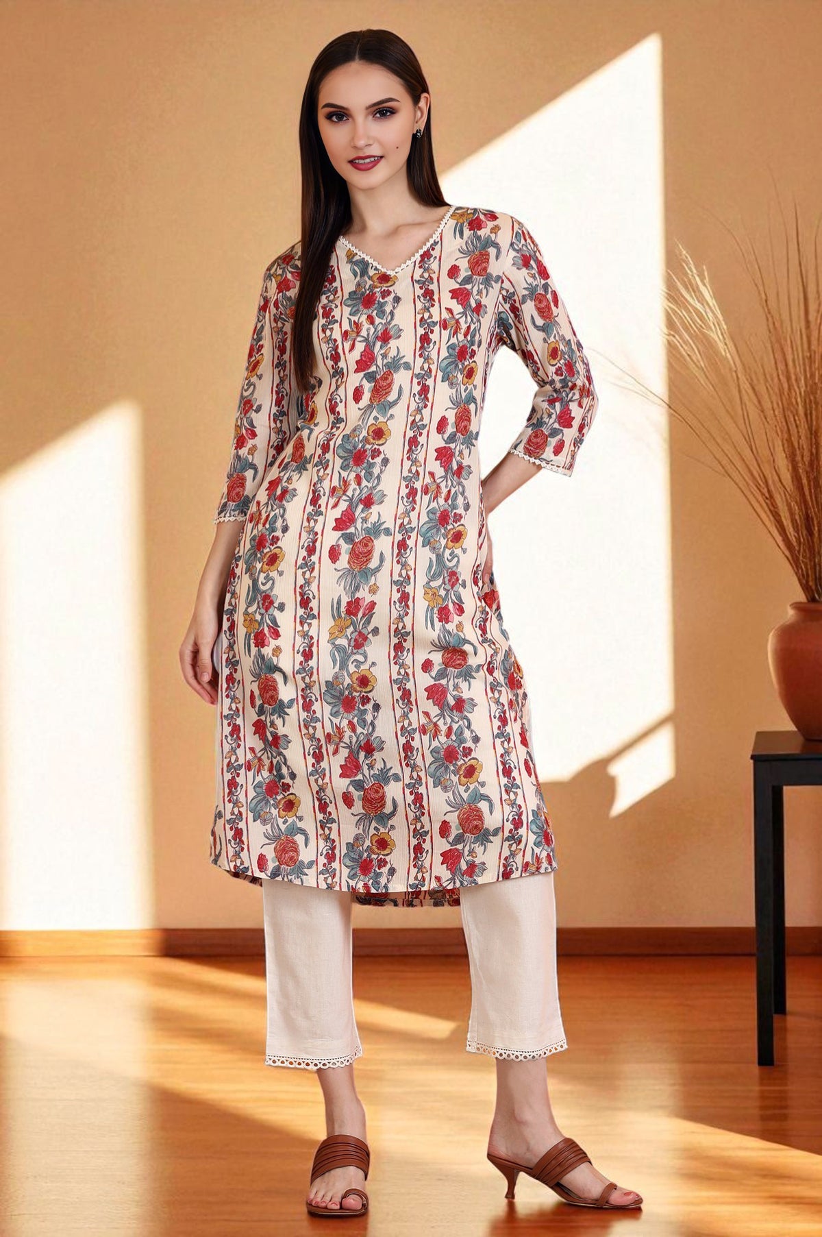 Off-White Floral Printed Pure Cotton Crepe Straight Kurta with Lace - XL