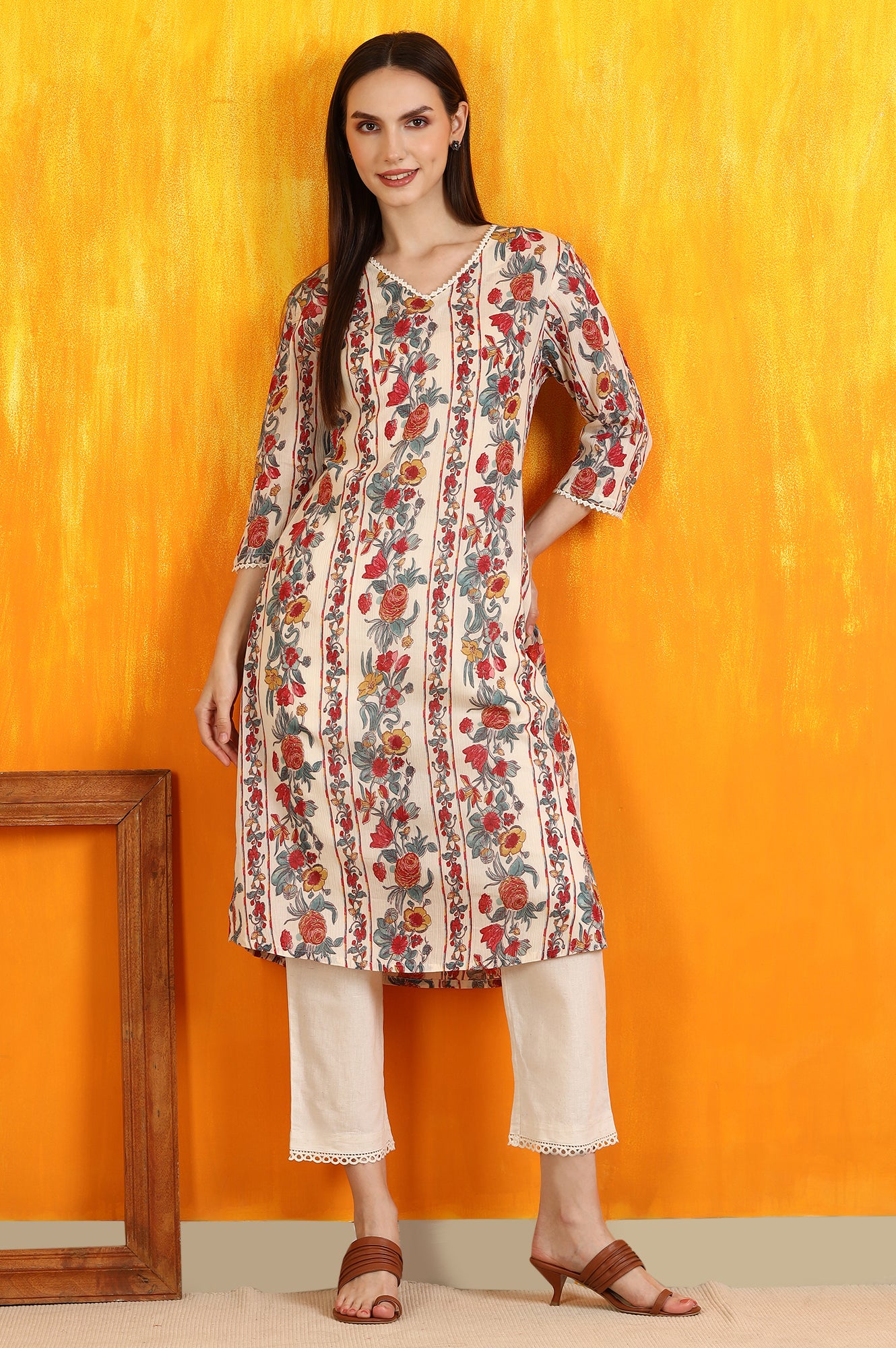 Off-White Floral Printed Pure Cotton Crepe Straight Kurta with Lace