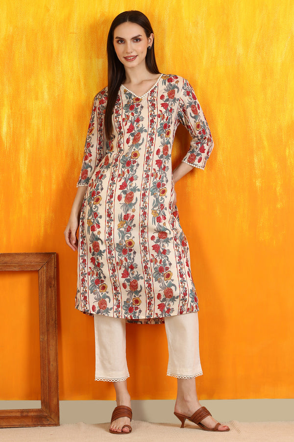Off-White Floral Printed Pure Cotton Crepe Straight Kurta with Lace