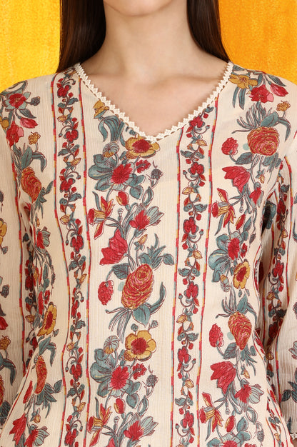 Off-White Floral Printed Pure Cotton Crepe Straight Kurta with Lace