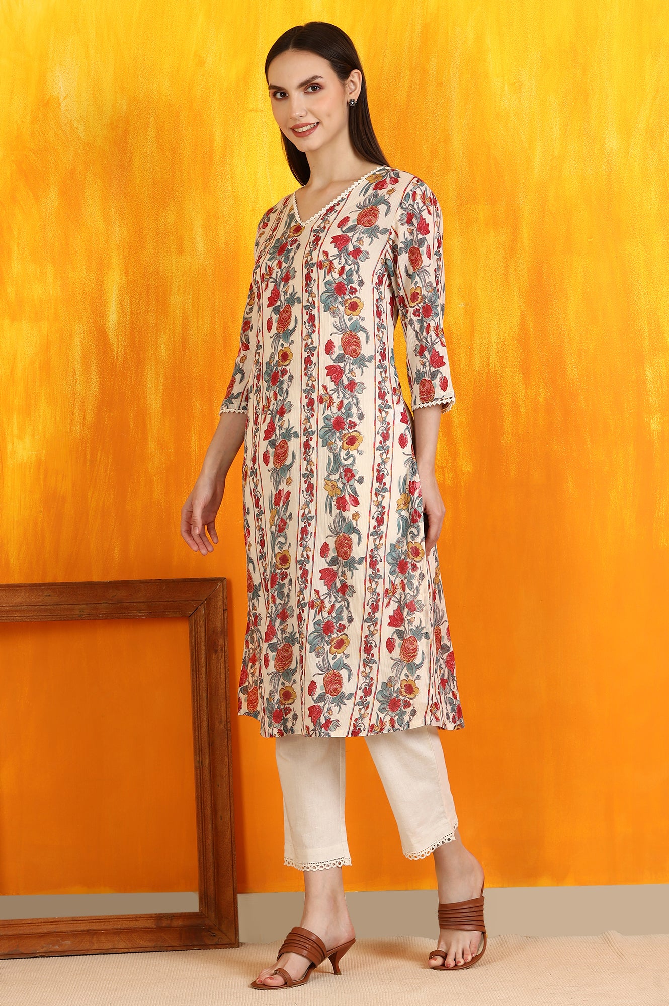 Off-White Floral Printed Pure Cotton Crepe Straight Kurta with Lace