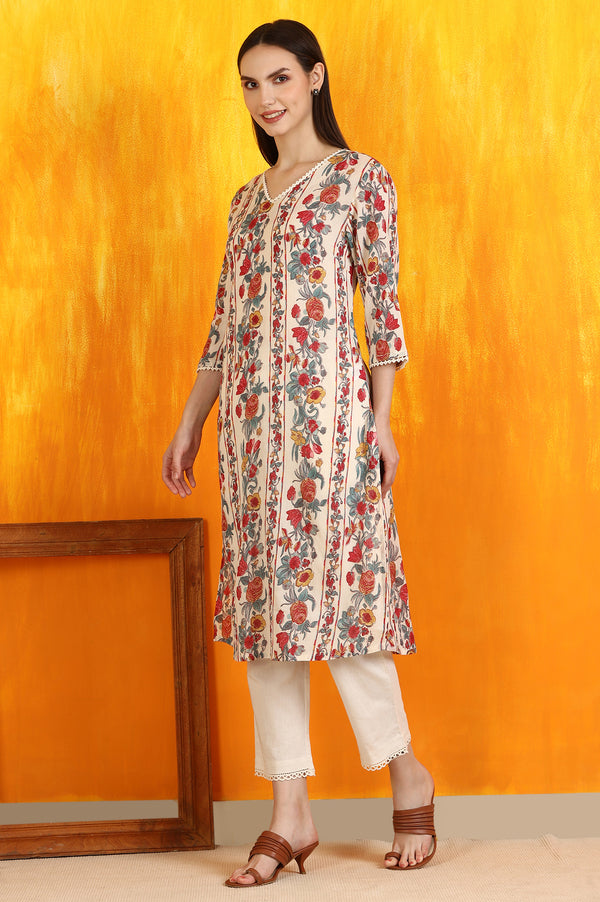 Off-White Floral Printed Pure Cotton Crepe Straight Kurta with Lace