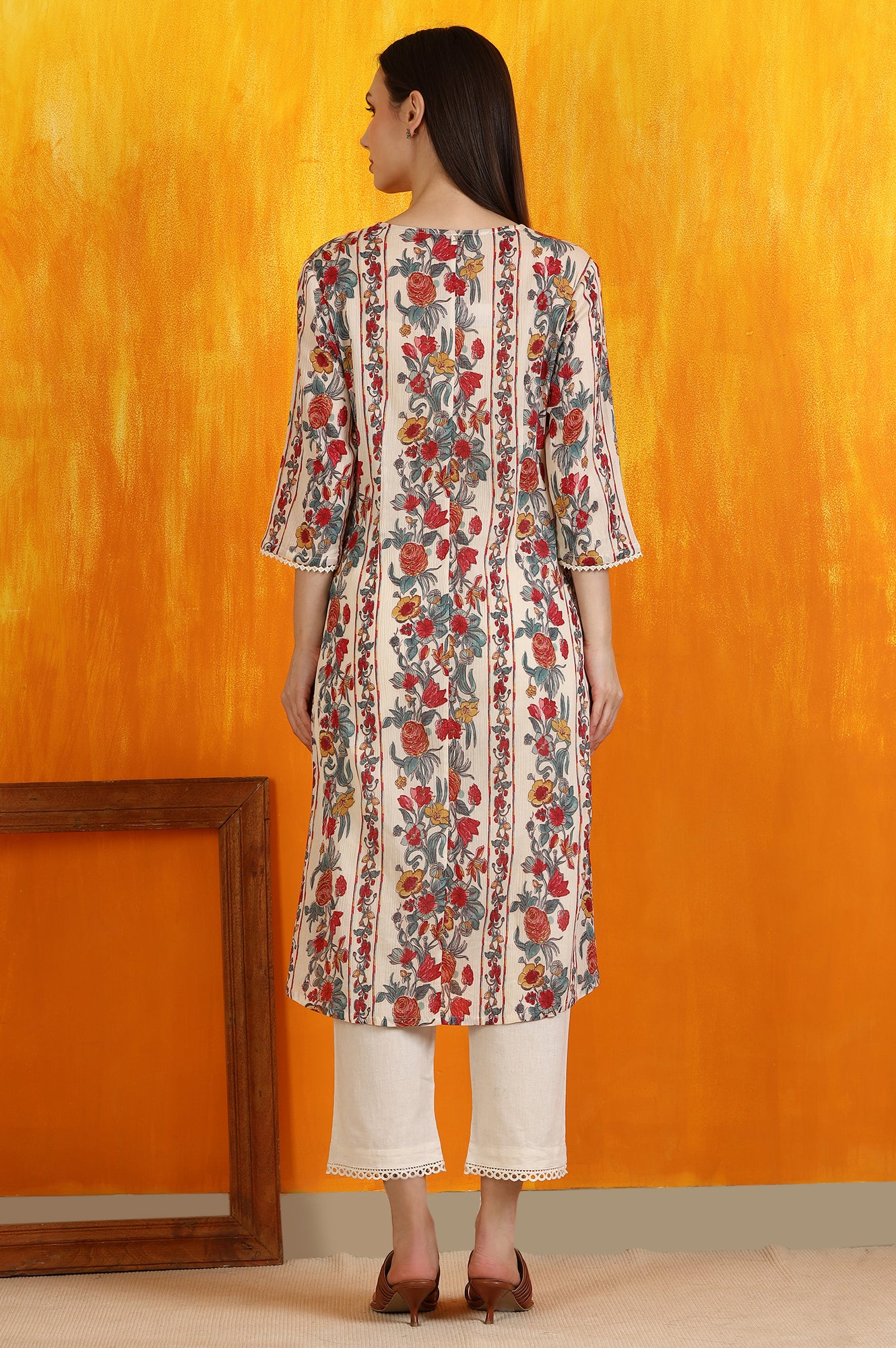 Off-White Floral Printed Pure Cotton Crepe Straight Kurta with Lace