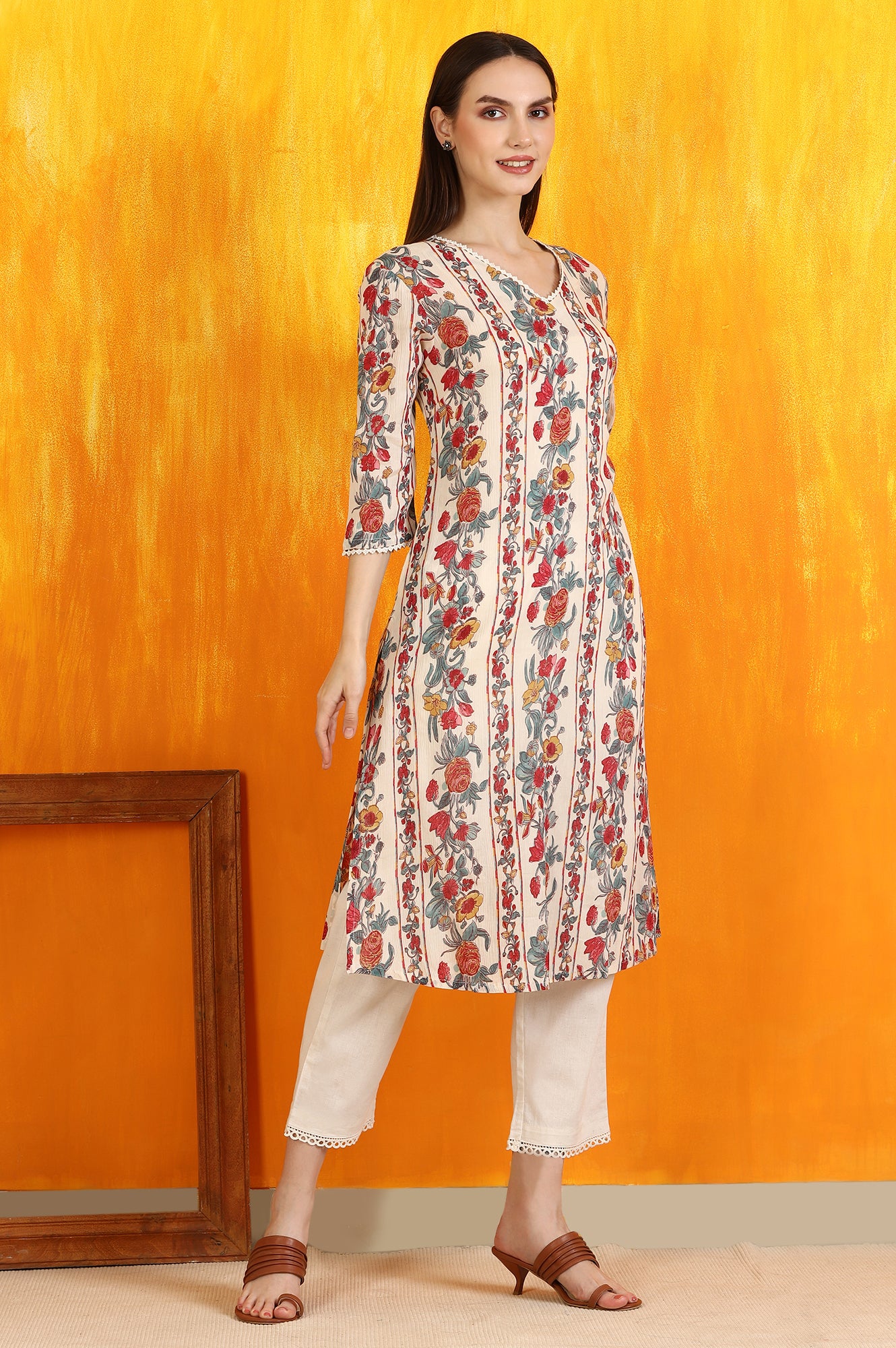 Off-White Floral Printed Pure Cotton Crepe Straight Kurta with Lace