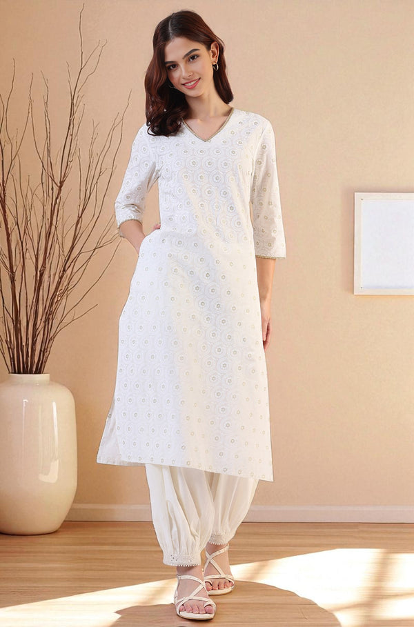 White Geometric Printed Metallic Hardware Straight Pure Cotton Kurta