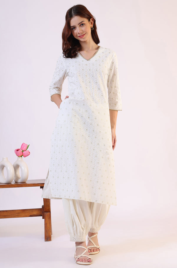 White Geometric Printed Metallic Hardware Straight Pure Cotton Kurta