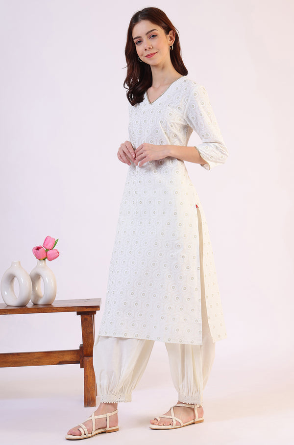 White Geometric Printed Metallic Hardware Straight Pure Cotton Kurta