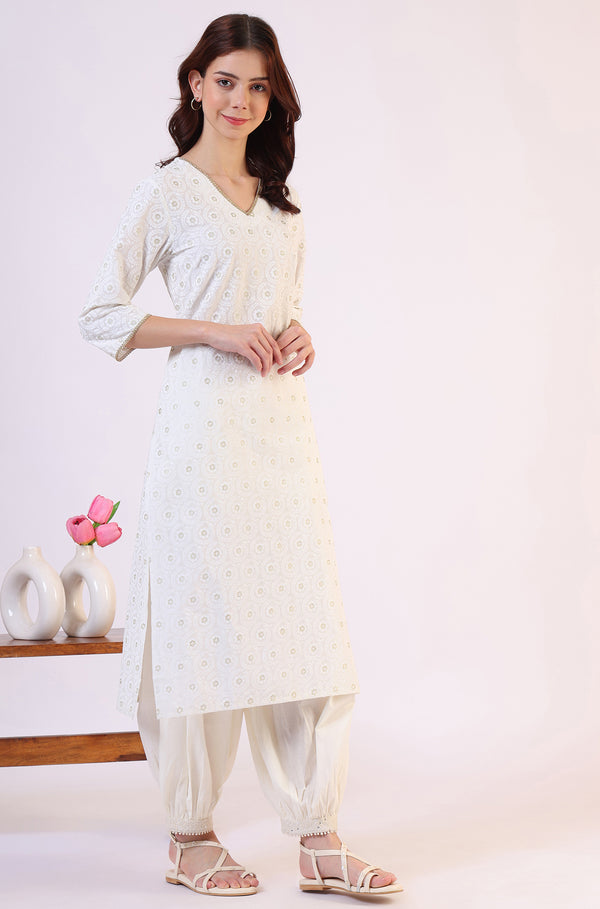 White Geometric Printed Metallic Hardware Straight Pure Cotton Kurta