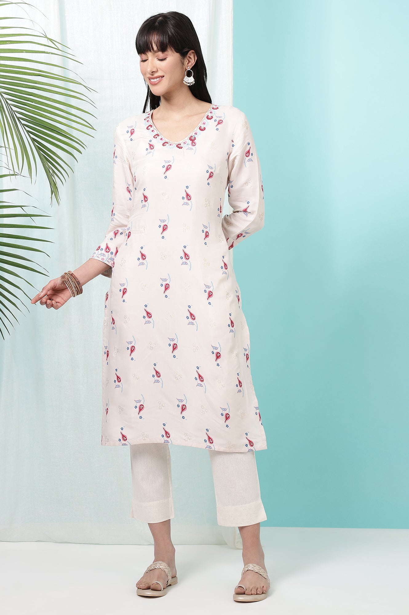 Off-White Floral Printed Rayon Straight Kurta