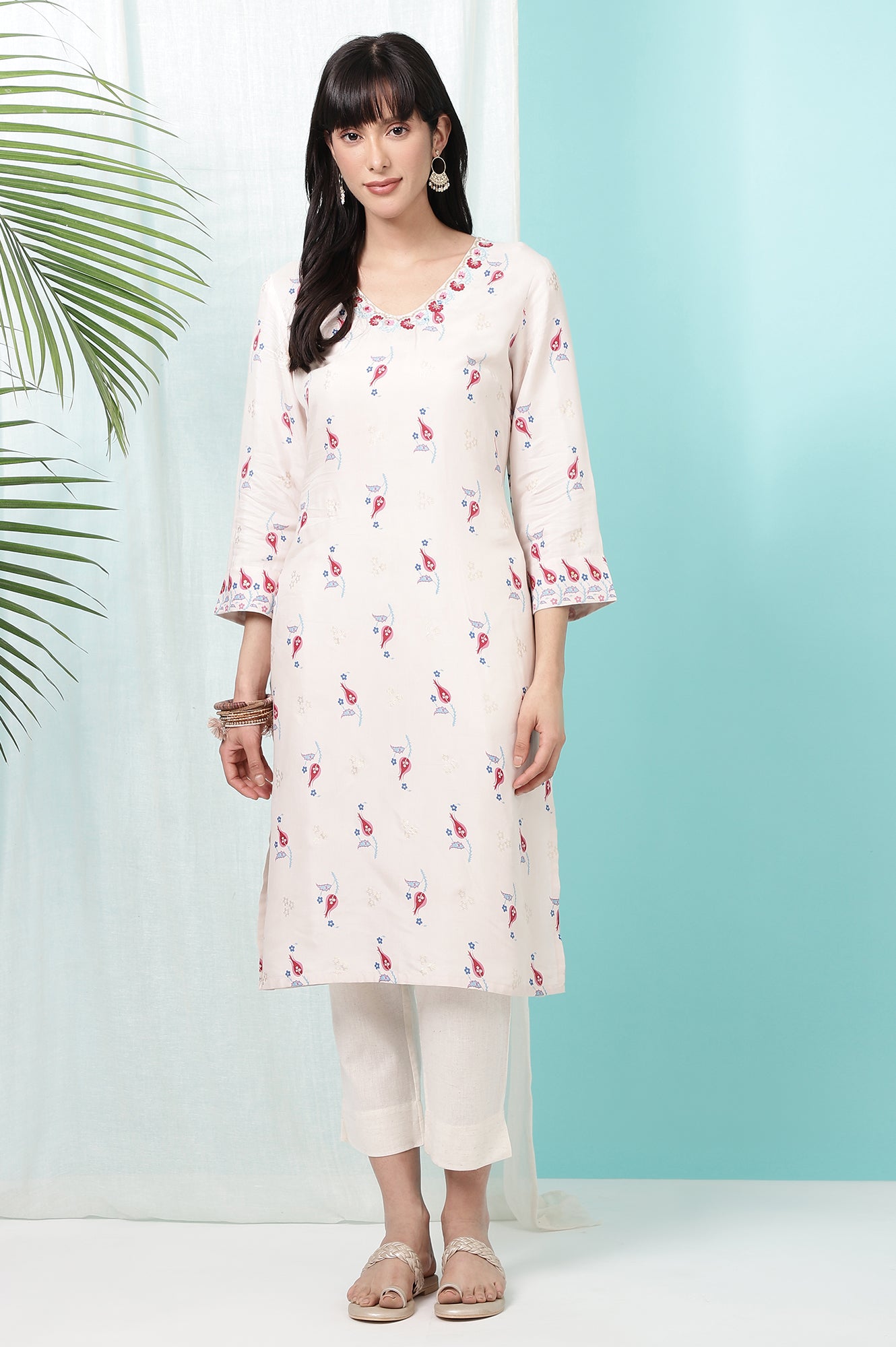 Off-White Floral Printed Rayon Straight Kurta