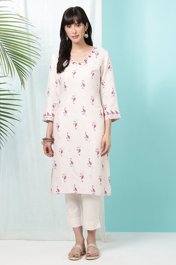 Off-White Floral Printed Rayon Straight Kurta