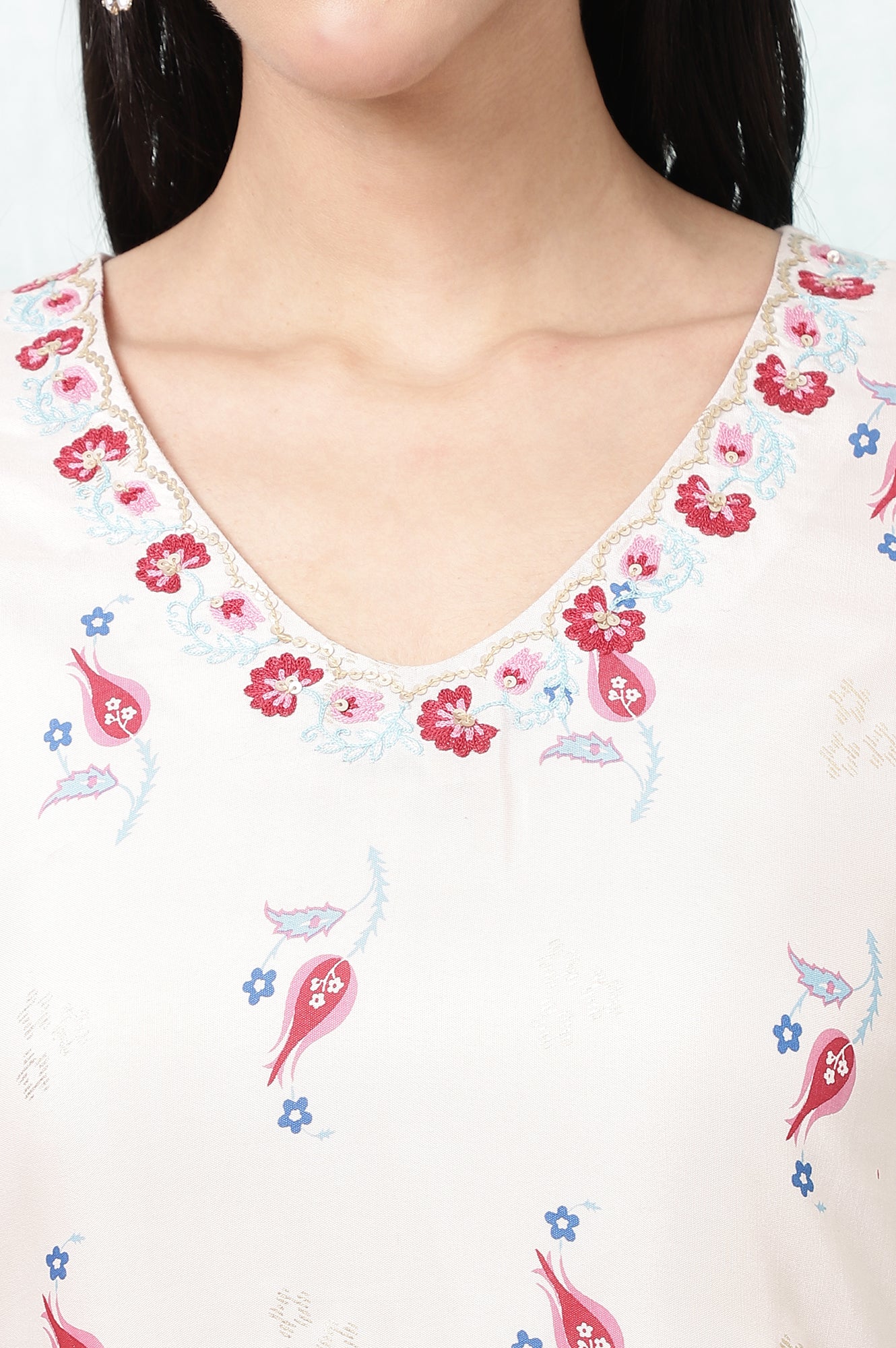 Off-White Floral Printed Rayon Straight Kurta