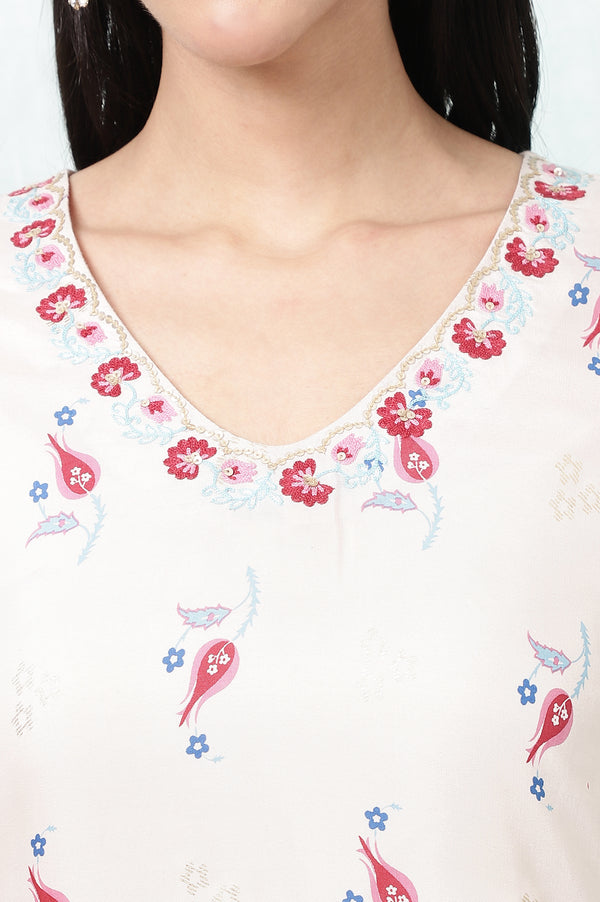 Off-White Floral Printed Rayon Straight Kurta