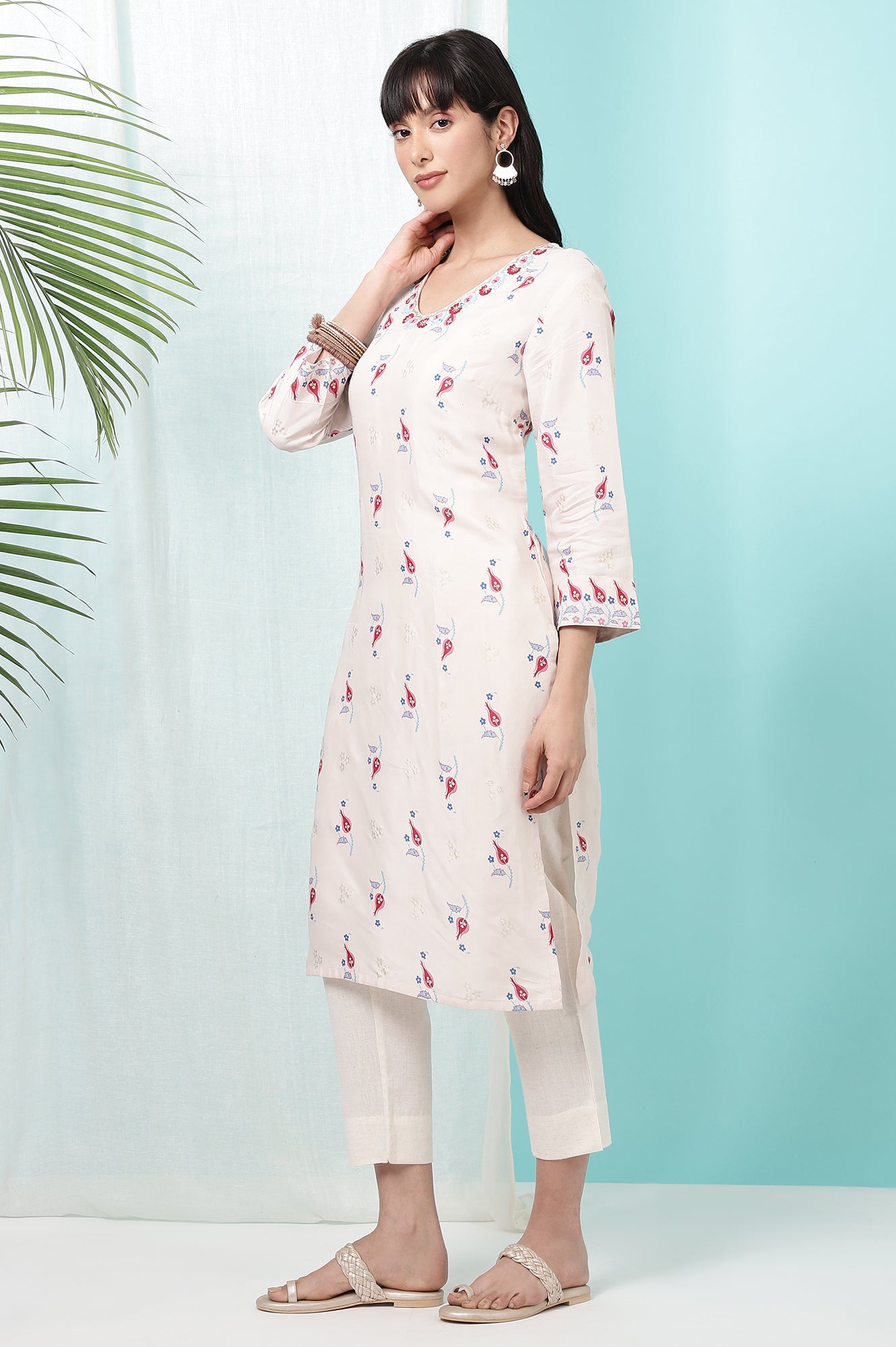 Off-White Floral Printed Rayon Straight Kurta