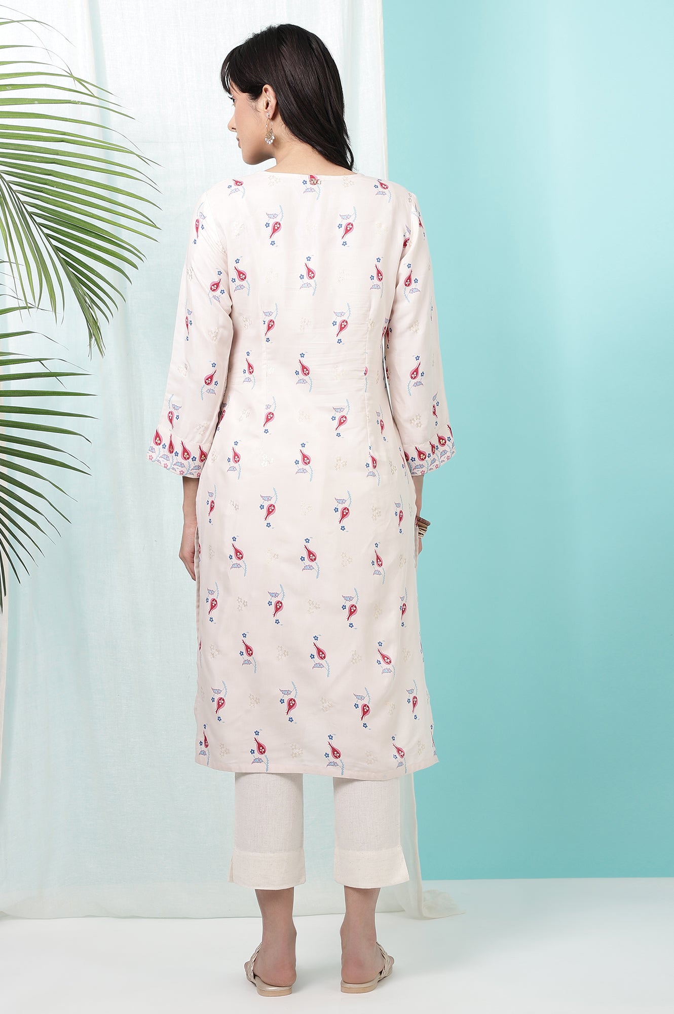 Off-White Floral Printed Rayon Straight Kurta