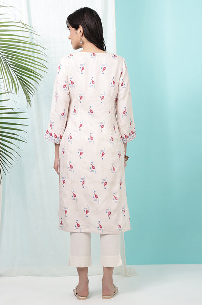 Off-White Floral Printed Rayon Straight Kurta