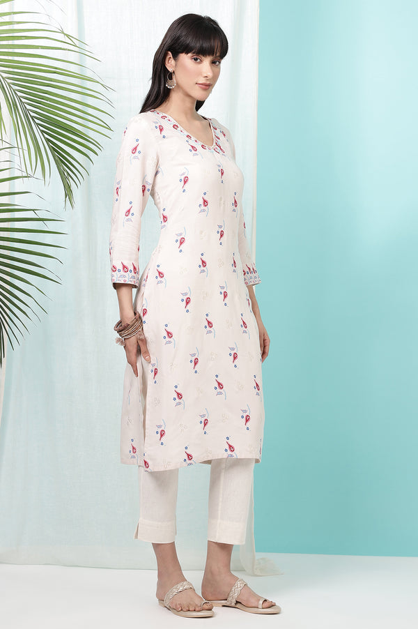 Off-White Floral Printed Rayon Straight Kurta