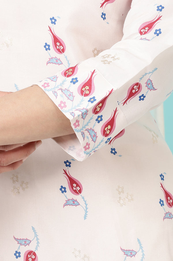 Off-White Floral Printed Rayon Straight Kurta