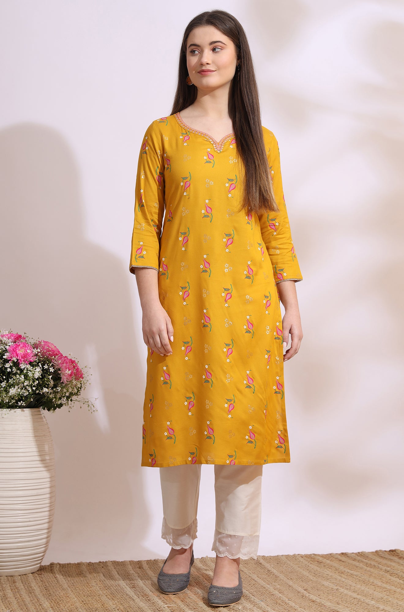 Deep Yellow Floral Printed Rayon Straight Kurta with Embroidered Neck