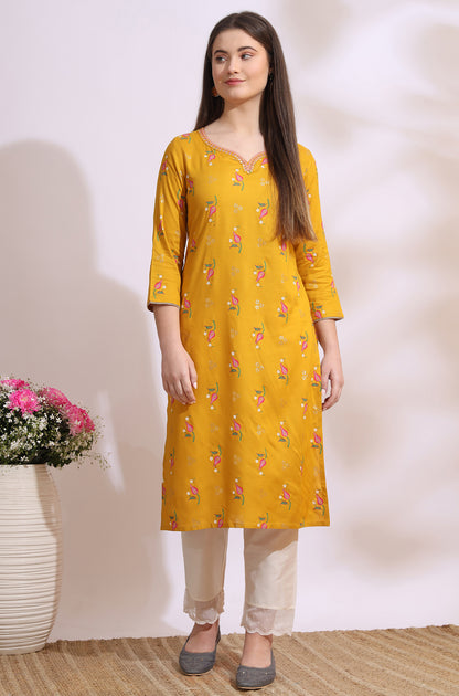 Deep Yellow Floral Printed Rayon Straight Kurta with Embroidered Neck