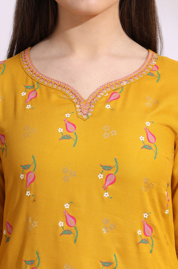 Deep Yellow Floral Printed Rayon Straight Kurta with Embroidered Neck