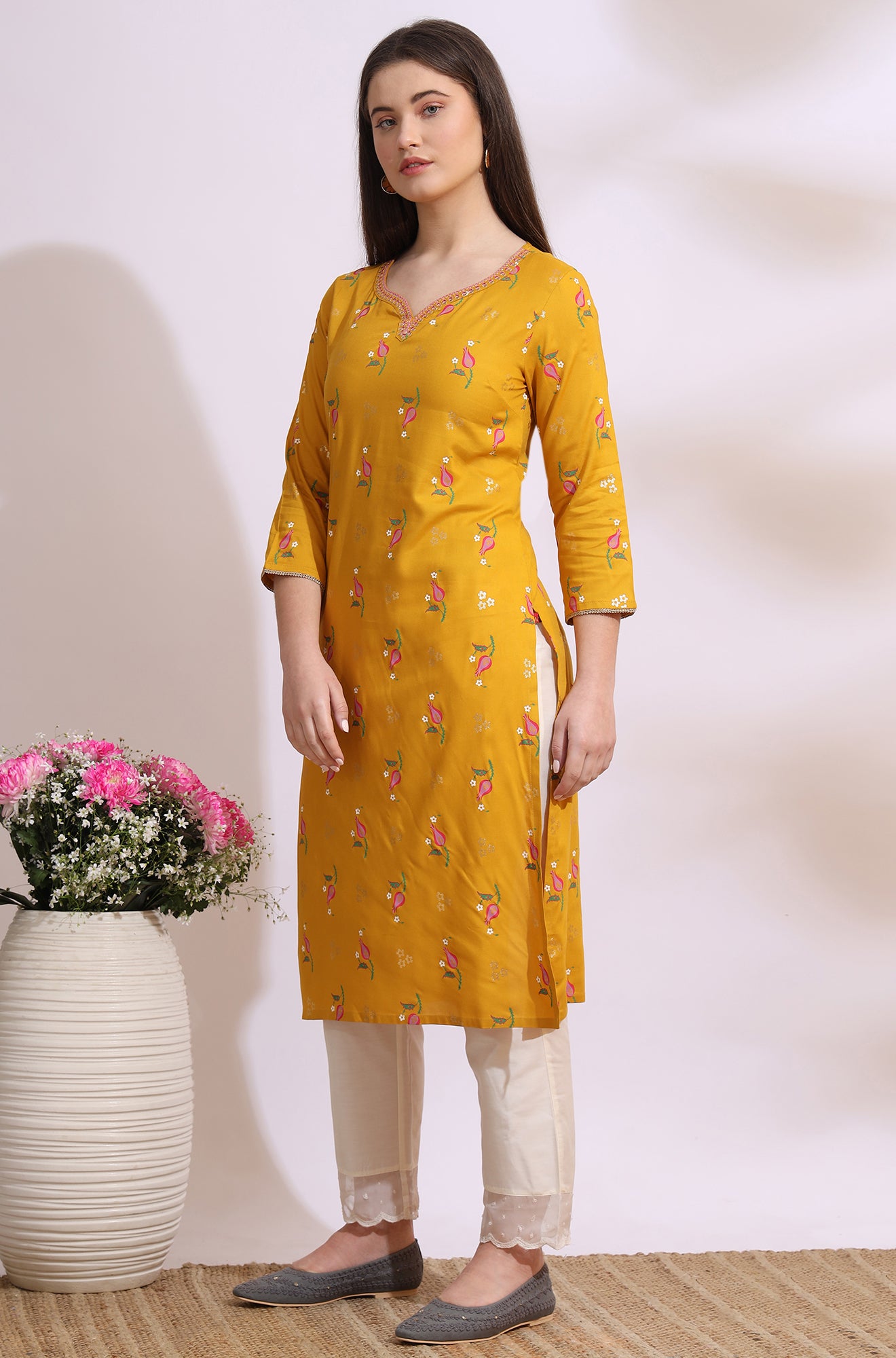 Deep Yellow Floral Printed Rayon Straight Kurta with Embroidered Neck